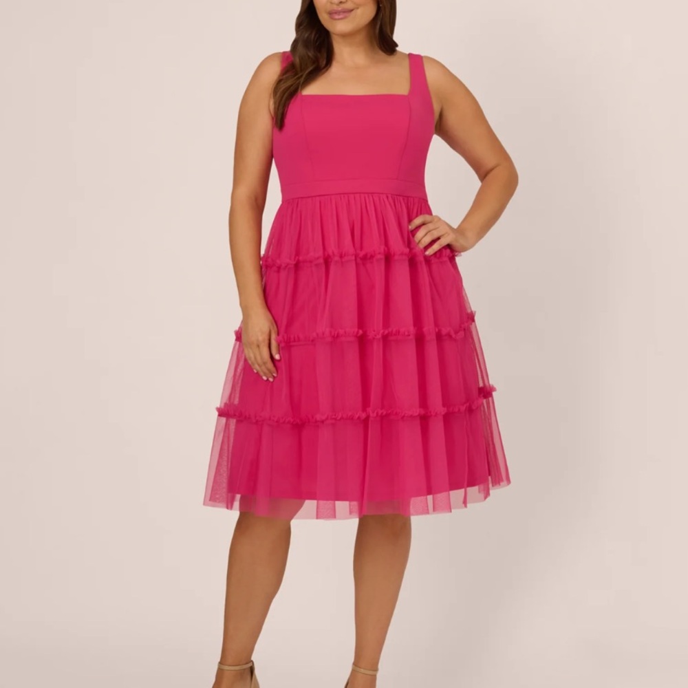 Sleeveless Midi Dress With Square Neck And Tiered Skirt In Bright Rose